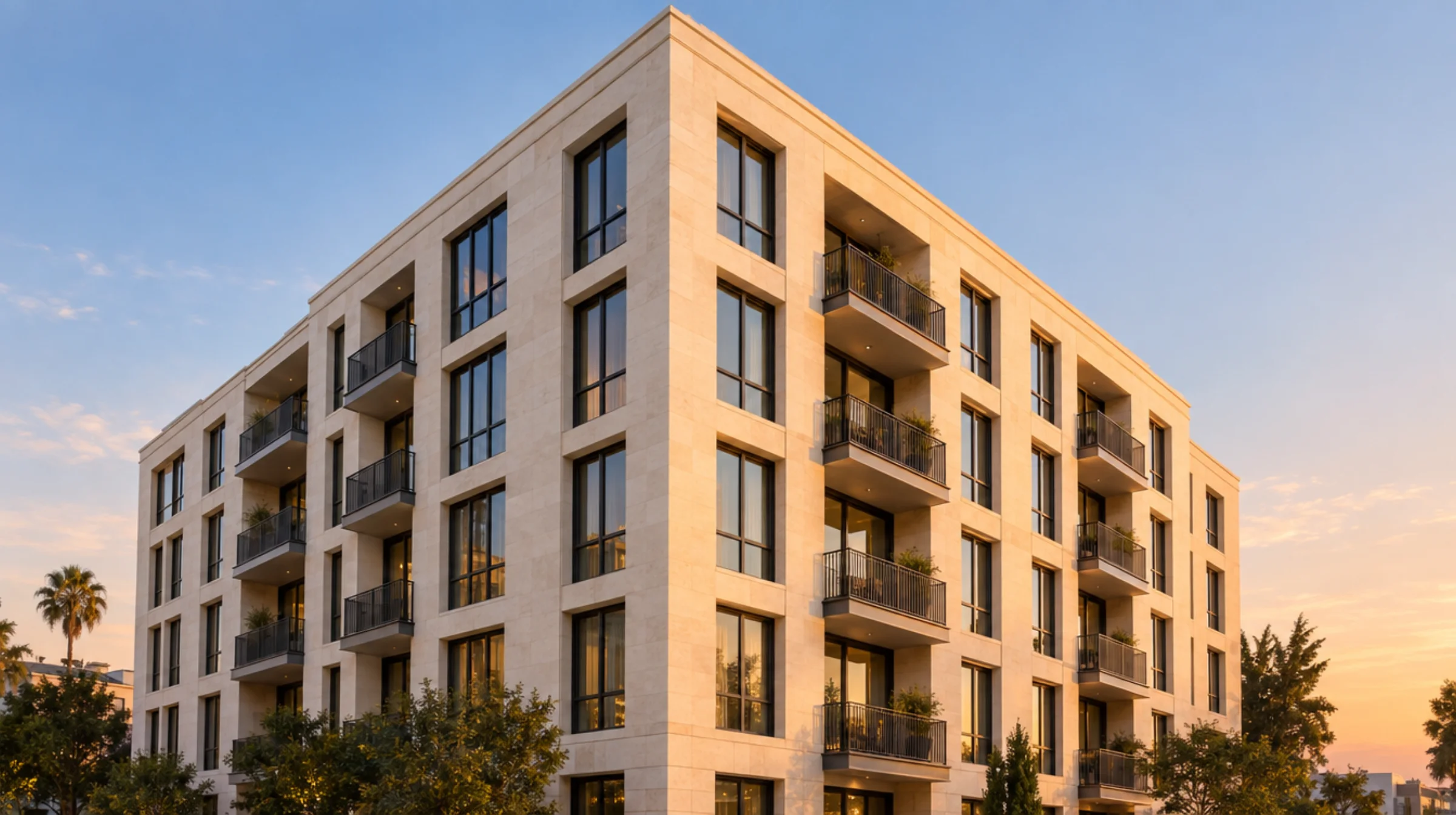 A limestone residential building with deep balconies at sunset