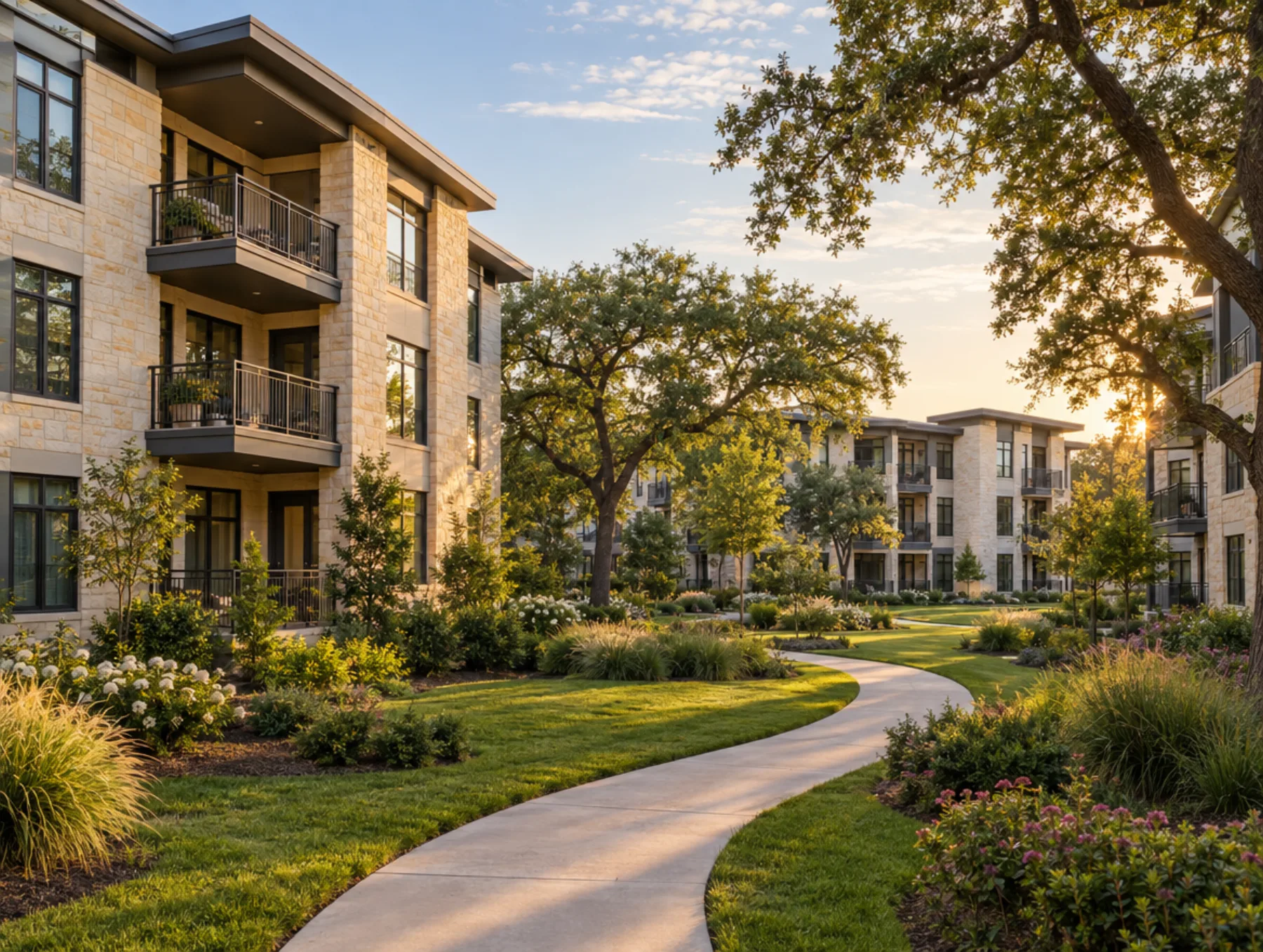 A suburban apartment community of limestone buildings, winding paths and mature trees at golden hour