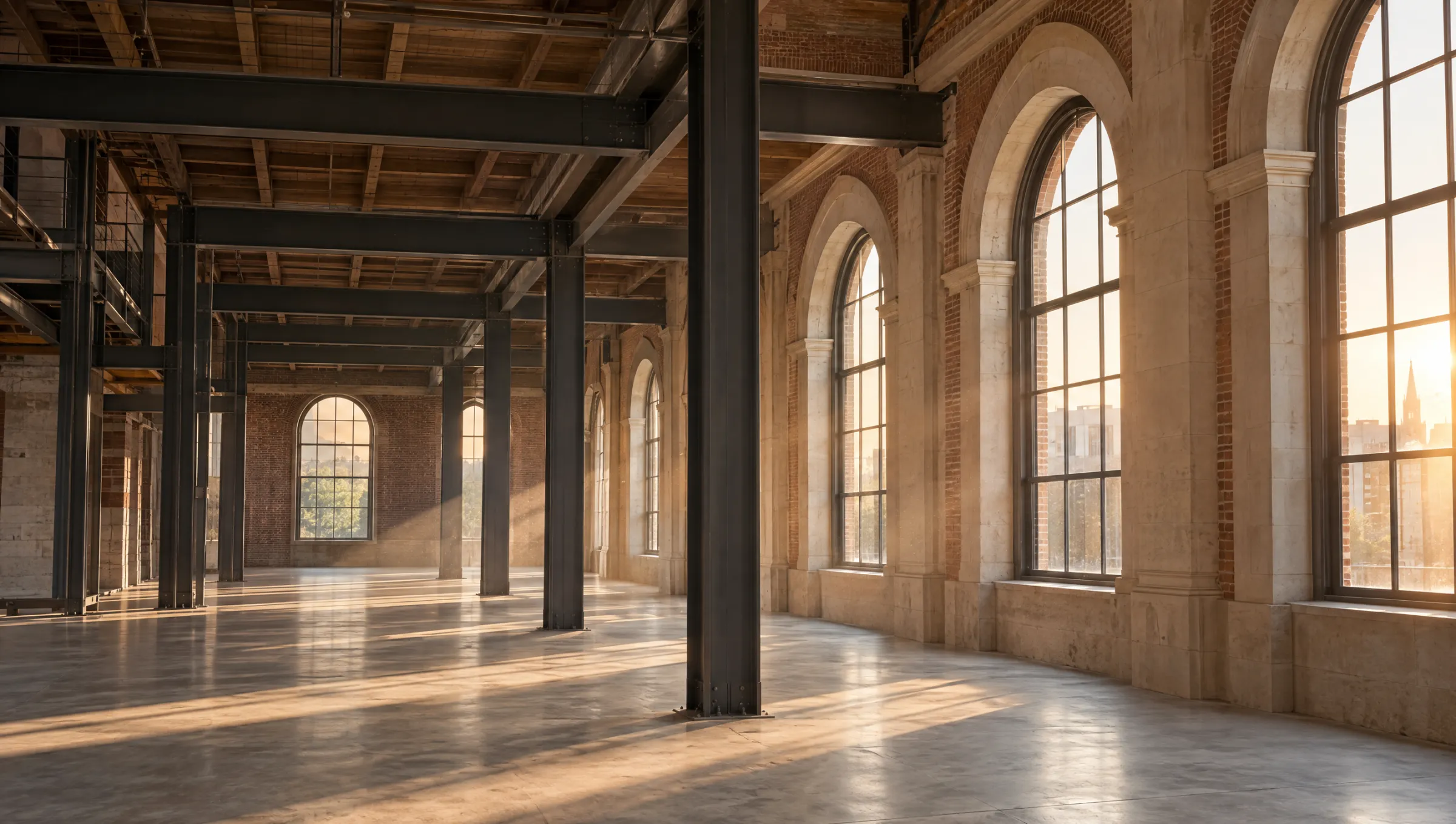 A brick and steel warehouse interior mid-renovation, lit by tall arched windows
