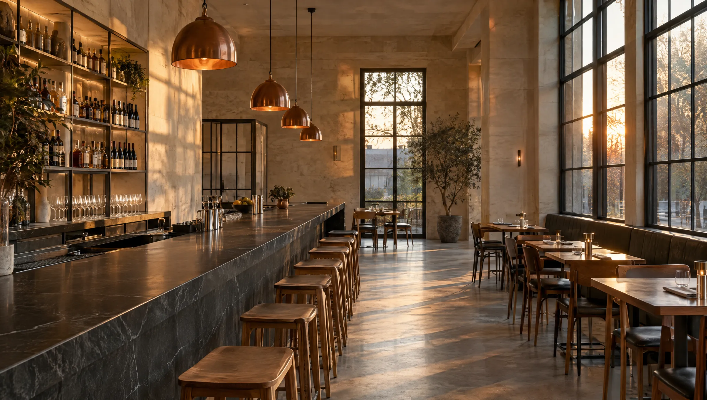 A warmly lit restaurant with a long stone bar, copper pendants and tall steel windows